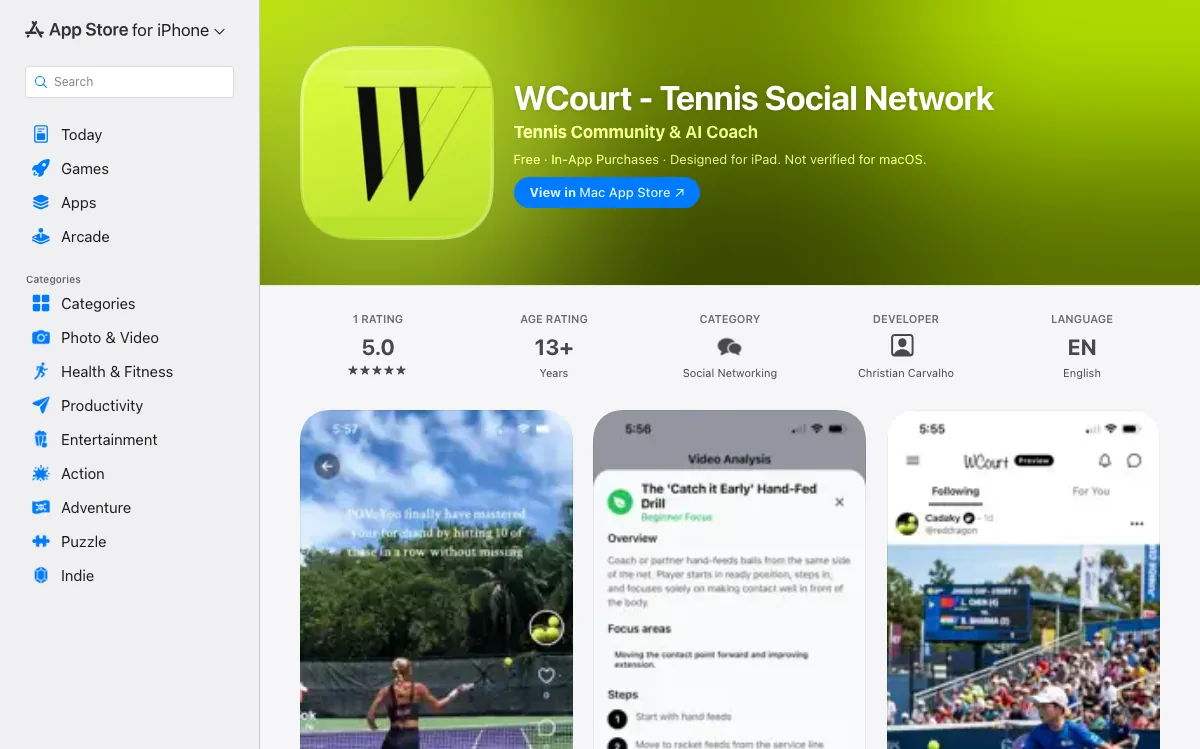 Página do WCourt na App Store com o ícone do aplicativo e três telas do produto